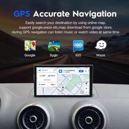 Accurate GPS navigation display on Audi A3 car screen with support for Google Maps, Waze, Sygic, and IGO online apps.