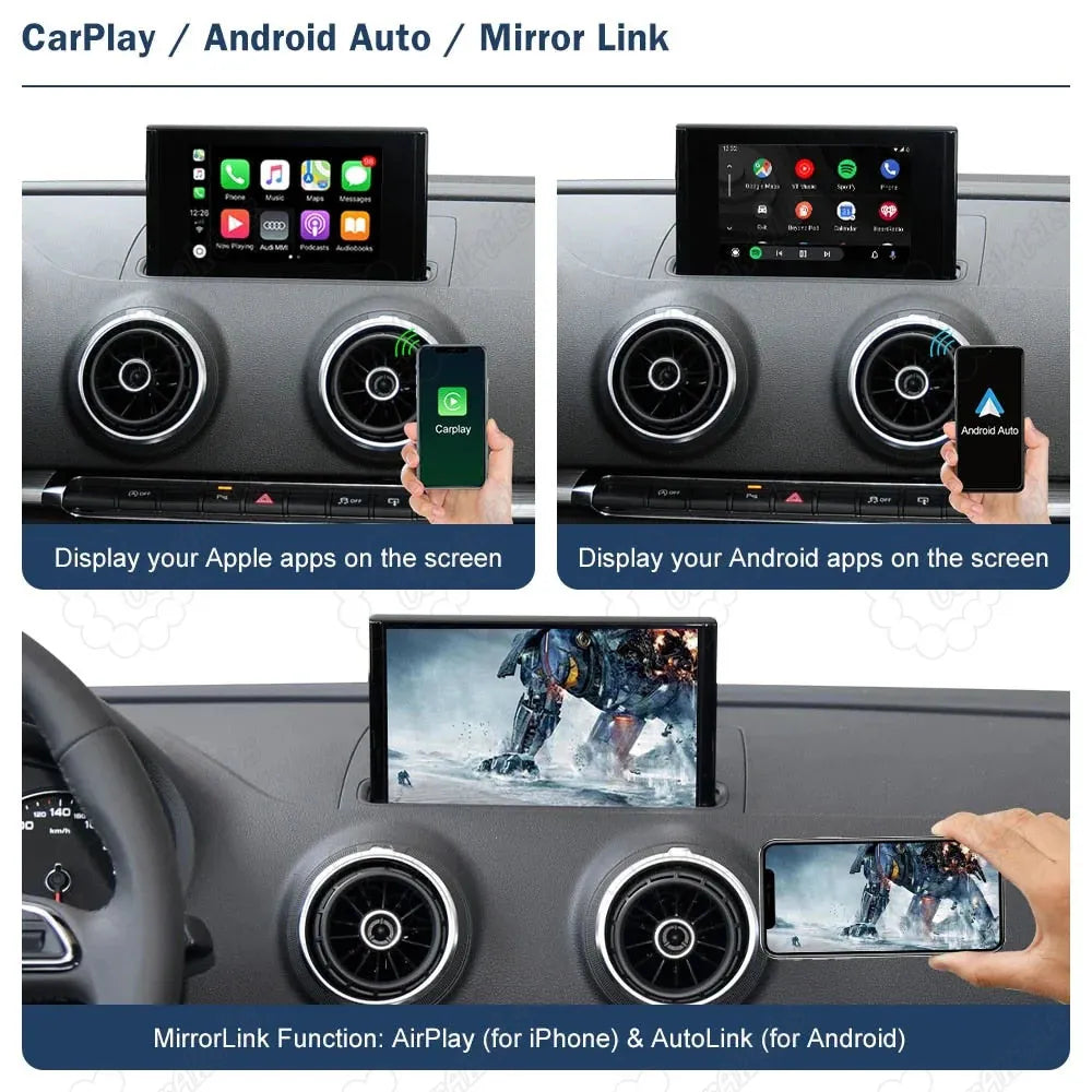 MirrorLink function for Audi A3 supporting AirPlay for iPhone and AutoLink for Android screen mirroring.