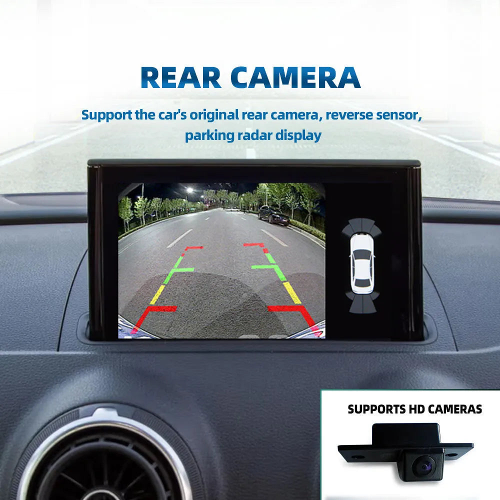 Rear camera reverse sensor parking radar display on Audi A3 car screen, supporting HD reverse camera setup.