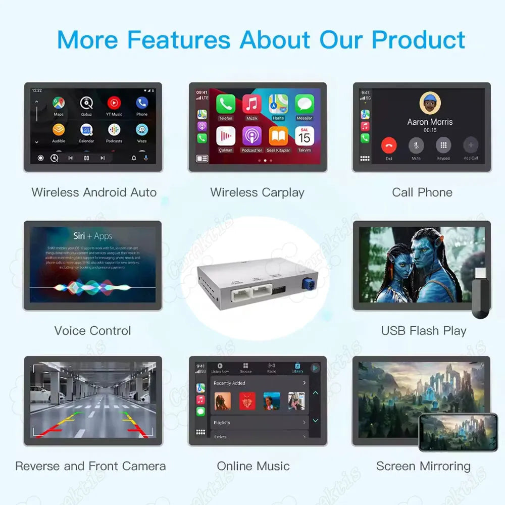 Feature list for Audi A3 smart module including voice control, USB play, and front/reverse camera support.