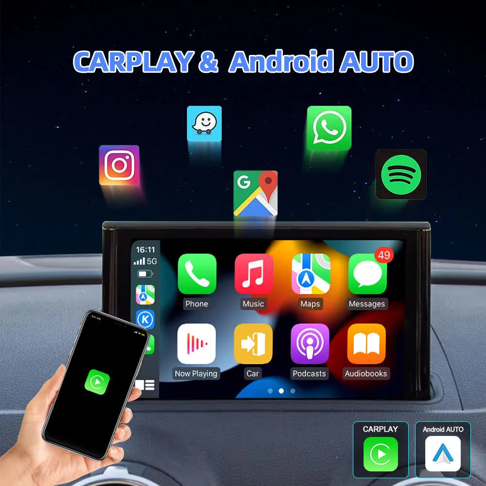 Wireless CarPlay and Android Auto connection on Audi A3 stereo unit displaying navigation, music, and messaging apps.