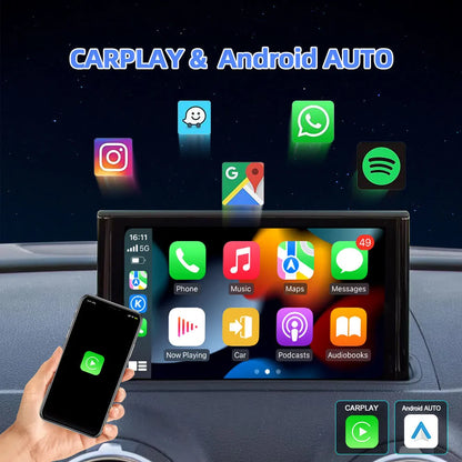 Wireless CarPlay and Android Auto connection on Audi A3 stereo unit displaying navigation, music, and messaging apps.