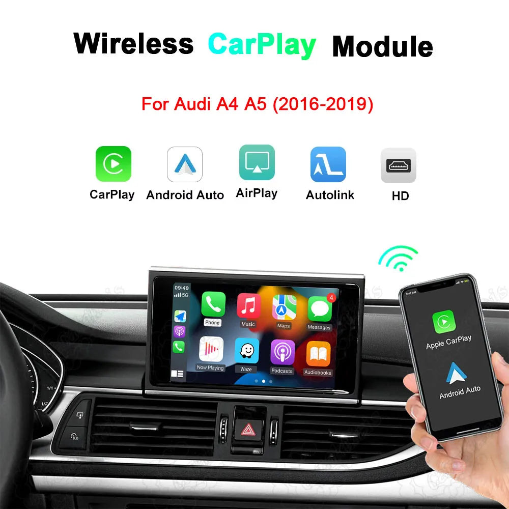 Wireless Apple CarPlay and Android Auto retrofit module for Audi A4 A5 2016-2019, supporting AirPlay, Autolink, and HD display.