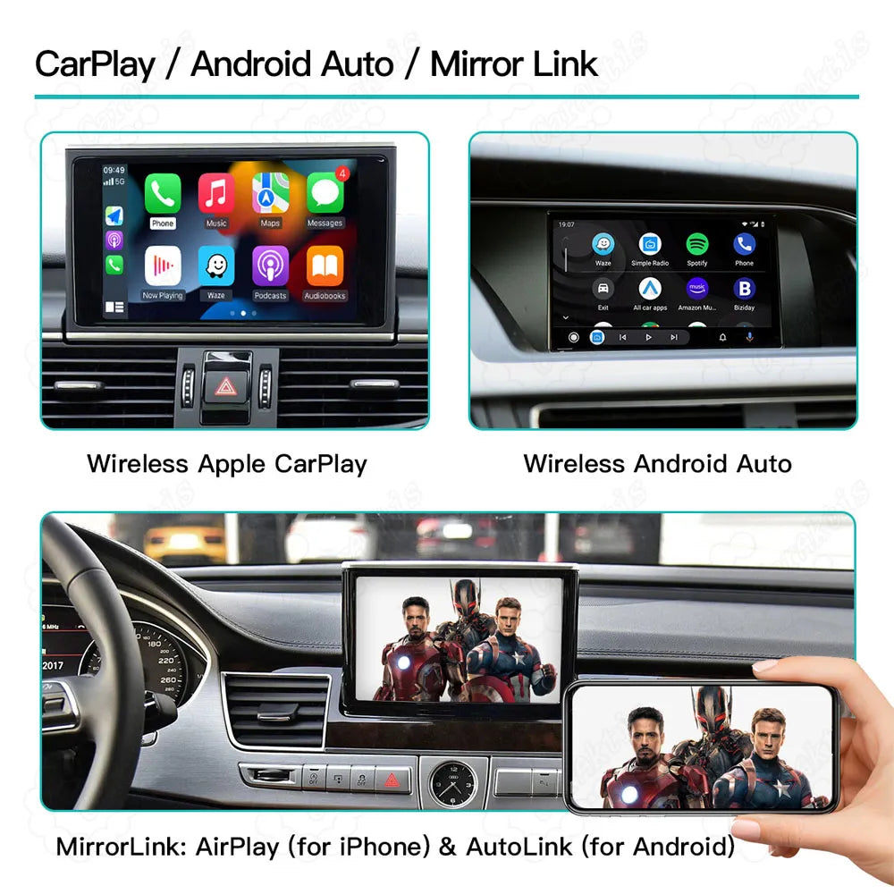 Smartphone screen mirroring feature via AirPlay for iPhone and AutoLink for Android on Audi A4 A5 original screen.