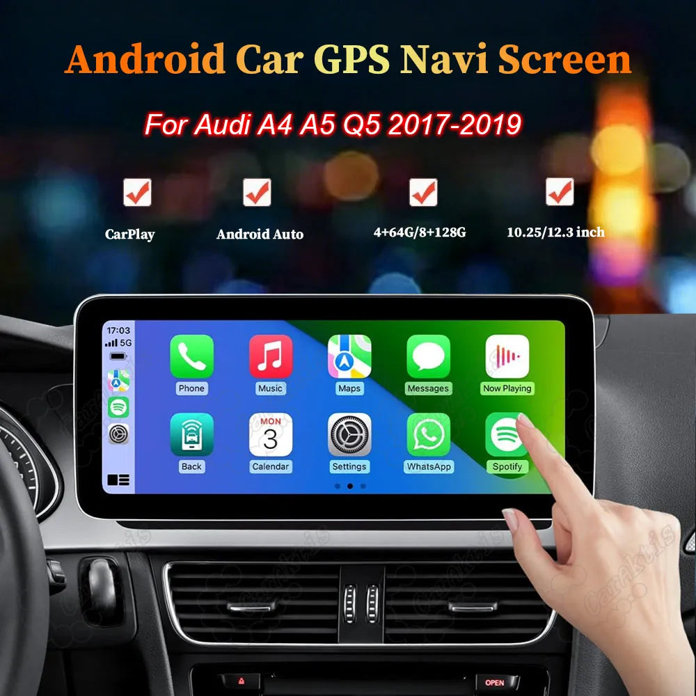 Android Car GPS Navigation Screen for Audi A4 A5 Q5 2017-2019 showing Apple CarPlay interface and specs