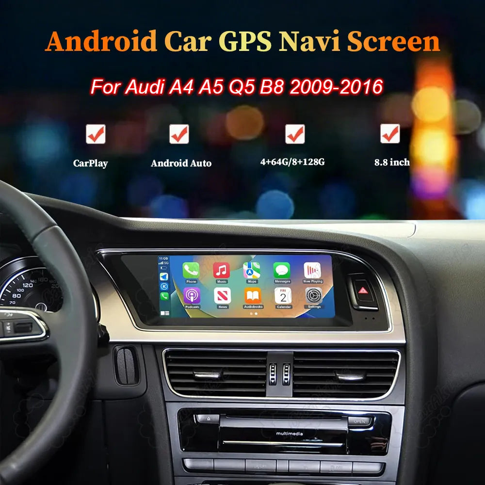 8.8-inch Android Car GPS Navigation Screen with CarPlay and Android Auto for Audi A4 A5 Q5 B8 2009-2016
