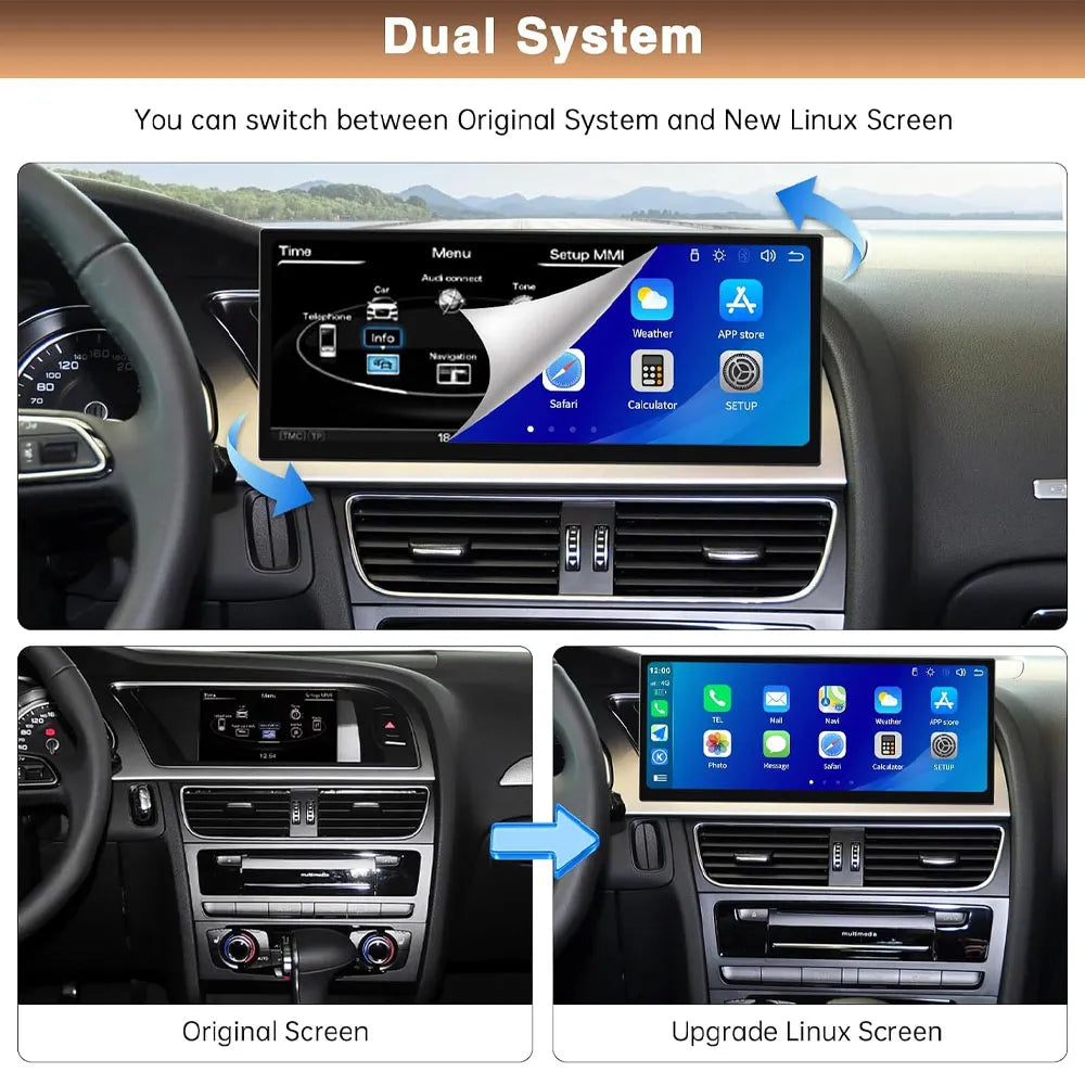 Dual system switching between original Audi MMI system and new Linux Android screen display