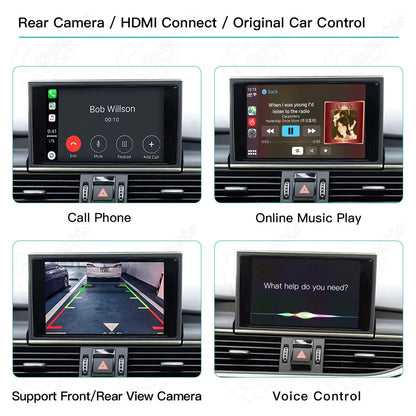 Audi retrofit interface supporting factory reverse camera, online music streaming, hands-free calling, and Siri voice control.