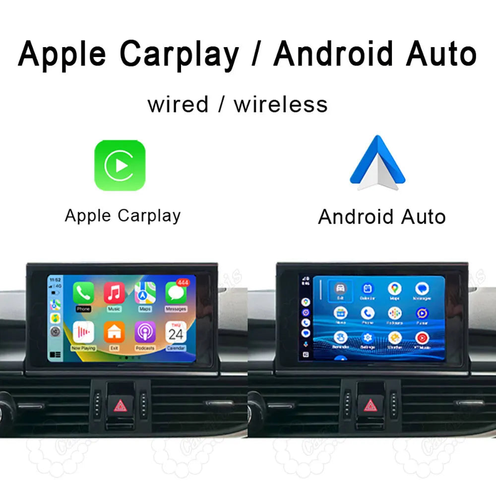 Wired and wireless connectivity options for Apple CarPlay and Android Auto on Audi dashboard display.