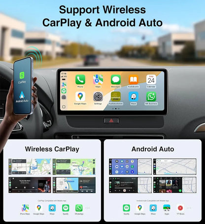 Wireless Apple CarPlay and Android Auto interface showing Google Maps, Waze, and music streaming apps for Audi B8