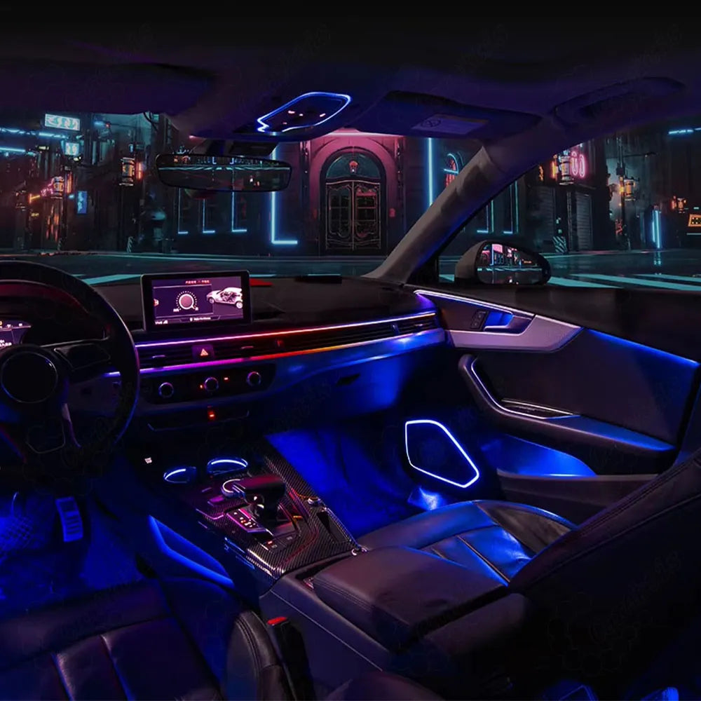 Vehicle-specific ambient light setup integrated seamlessly with Audi A4 door trims and dash areas.