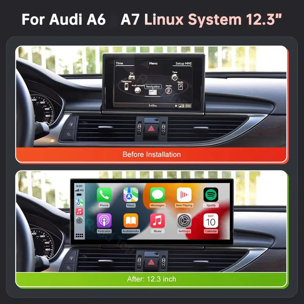 Before and after installation comparison of Audi A6 A7 Linux system 12.3 inch screen upgrade.