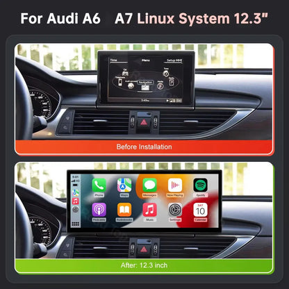 Before and after installation comparison of Audi A6 A7 Linux system 12.3 inch screen upgrade.