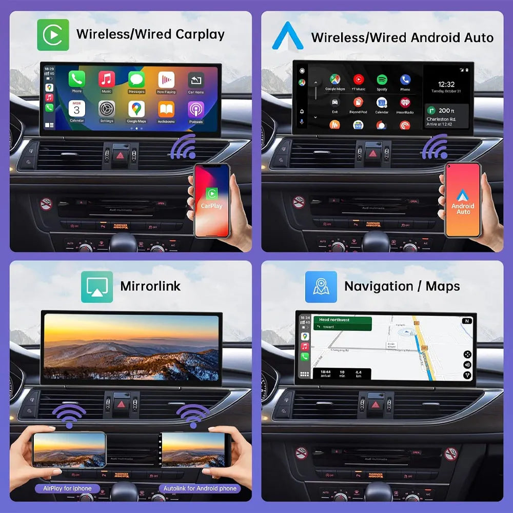 Audi A6 A7 Linux system 12.3 inch screen features including OEM system, CarPlay, Android Auto, and Bluetooth.
