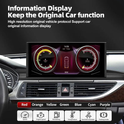 High resolution dashboard display on Audi A6 A7 screen showing speed, RPM, fuel level, and car info.