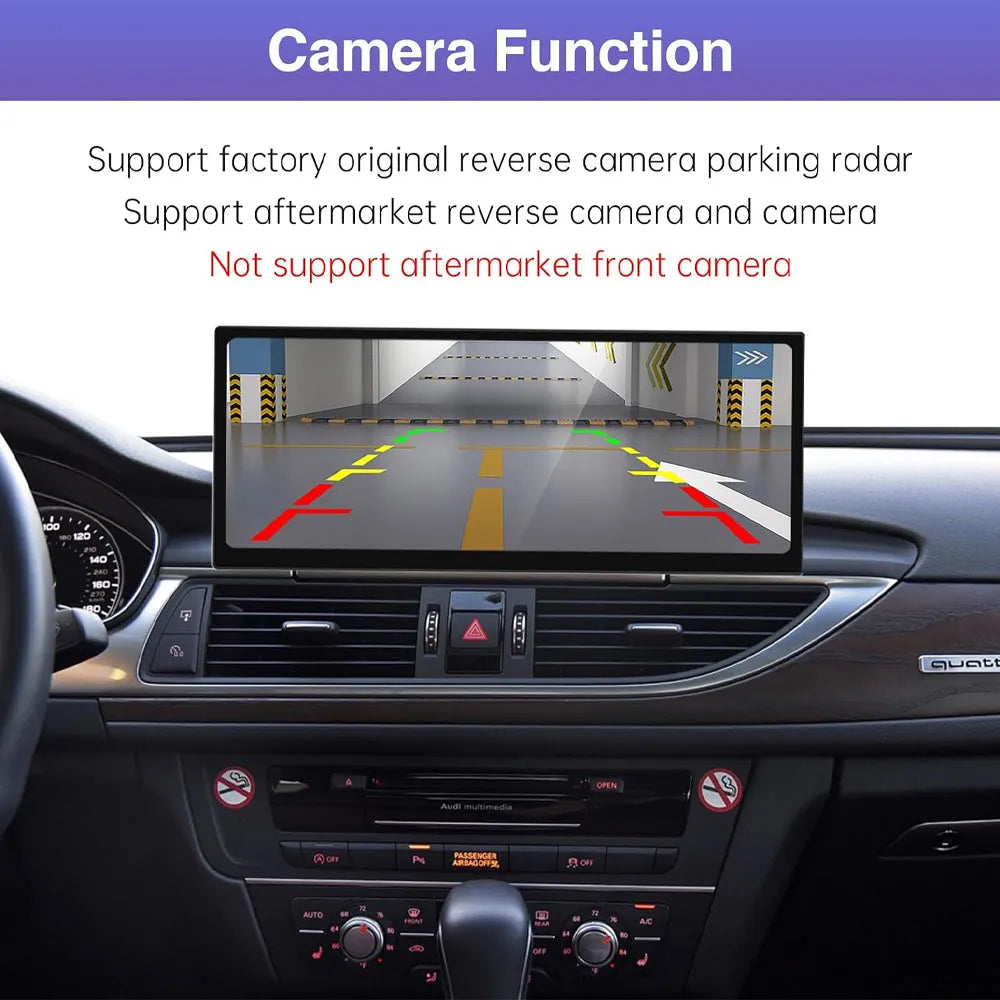 Audi A6 A7 12.3 inch display screen showing factory reverse camera and parking radar lines.