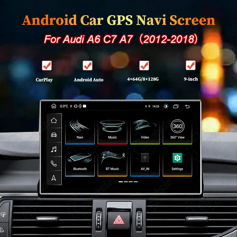 9-inch Android car GPS navigation touch screen display upgrade for Audi A6 C7 and A7 2012-2018 featuring Wireless CarPlay, Android Auto, and 360 view.