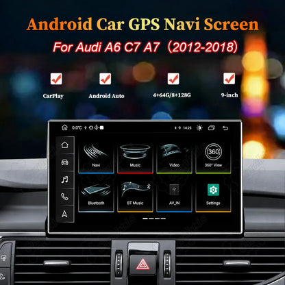 9-inch Android car GPS navigation touch screen display upgrade for Audi A6 C7 and A7 2012-2018 featuring Wireless CarPlay, Android Auto, and 360 view.