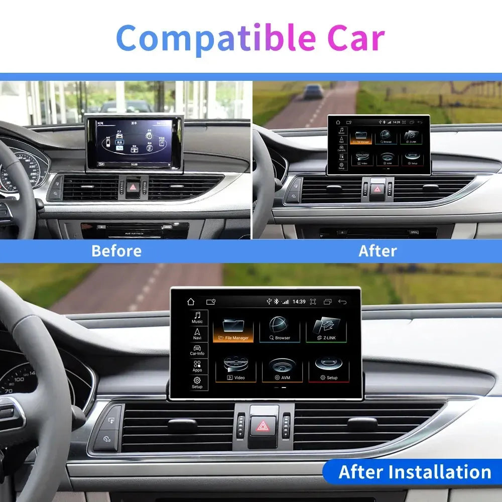 Dashboard comparison before and after installing 9-inch Android navigation screen upgrade on Audi A6 C7 interior.