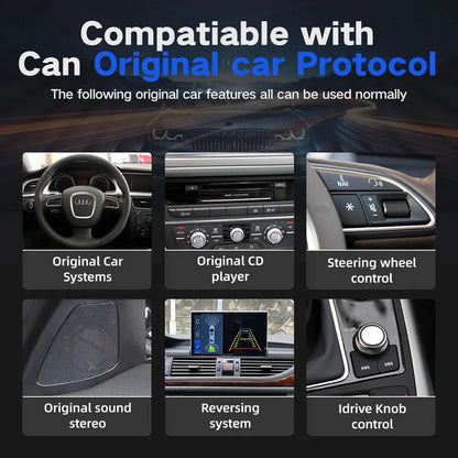 OEM feature compatibility for Audi A6 C7 including original MMI system, CD player, steering wheel control, sound stereo, backup camera, and iDrive knob control.