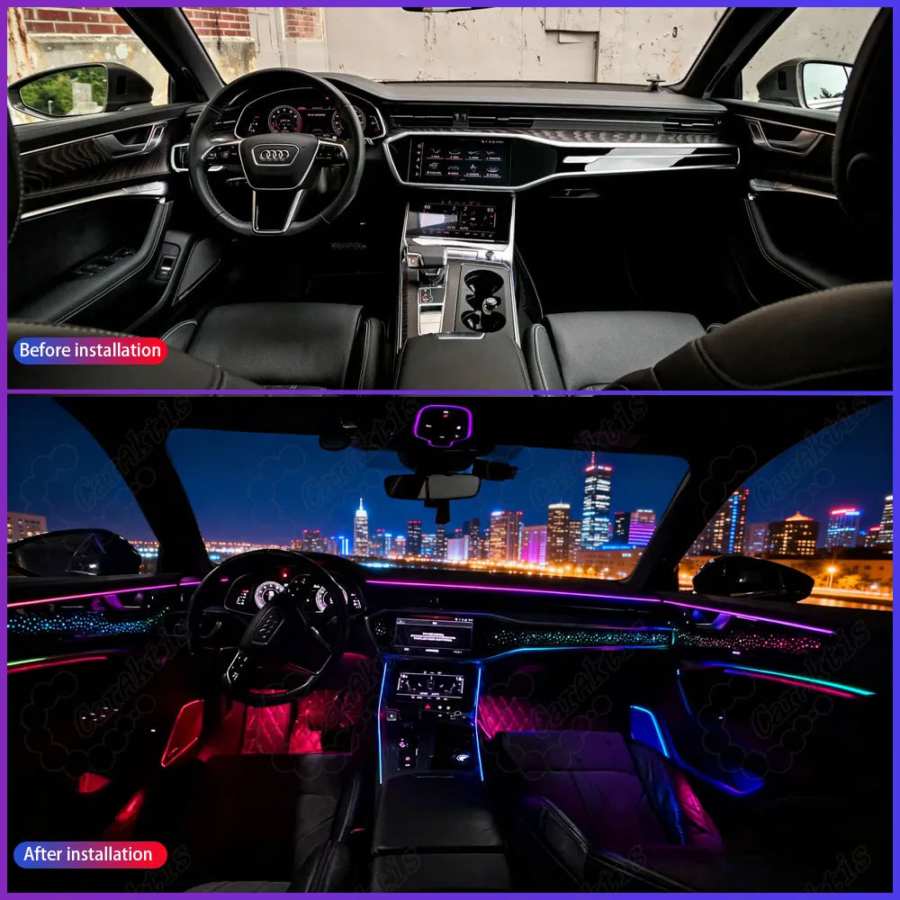 Before and after comparison of Audi A6 C8 interior lighting showing factory dark dashboard vs upgraded symphony ambient light