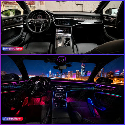 Before and after comparison of Audi A6 C8 interior lighting showing factory dark dashboard vs upgraded symphony ambient light