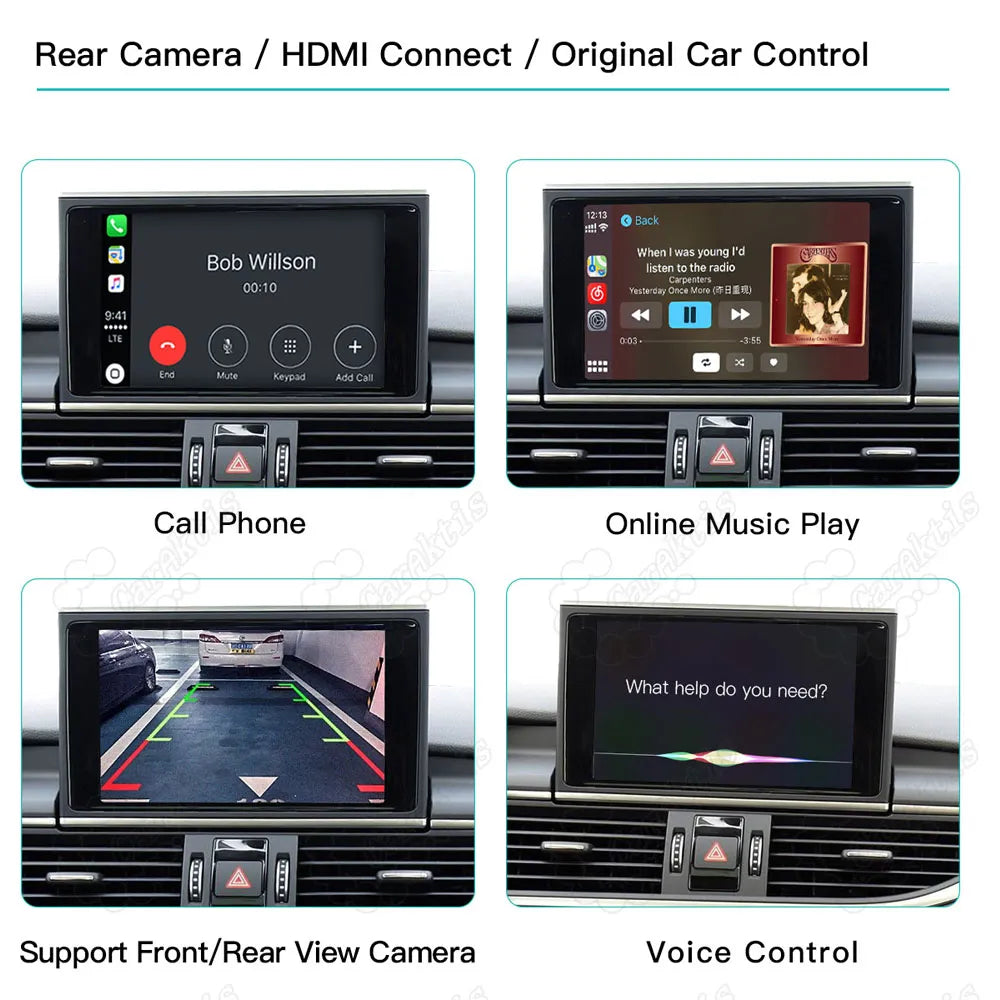 Four-panel preview showcasing Audi A8 CarPlay features: hands-free calling, online music playback, original rear-view backup camera support, and Siri voice control integration.