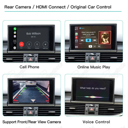 Four-panel preview showcasing Audi A8 CarPlay features: hands-free calling, online music playback, original rear-view backup camera support, and Siri voice control integration.
