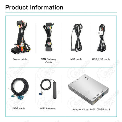 The Audi A8 CarPlay Upgrade Kit includes the following components: an adapter box, power cable, CAN gateway cable, microphone cable, RCA/USB cable, LVDS cable, and Wi-Fi antenna.
