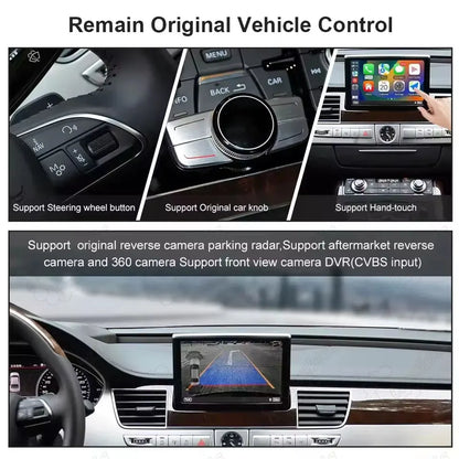 Detailed view of remaining original vehicle controls supporting Audi A8 CarPlay interface via steering wheel buttons, original MMI center console knob, touchscreen, and 360-degree parking radar camera.