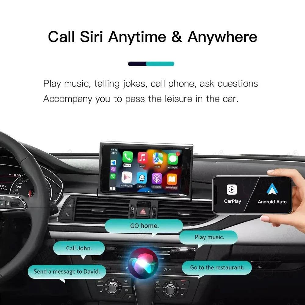 Infographic showing Siri voice assistant control capabilities with sample driving commands like navigation, calling, and playing music over Audi A8 CarPlay display.