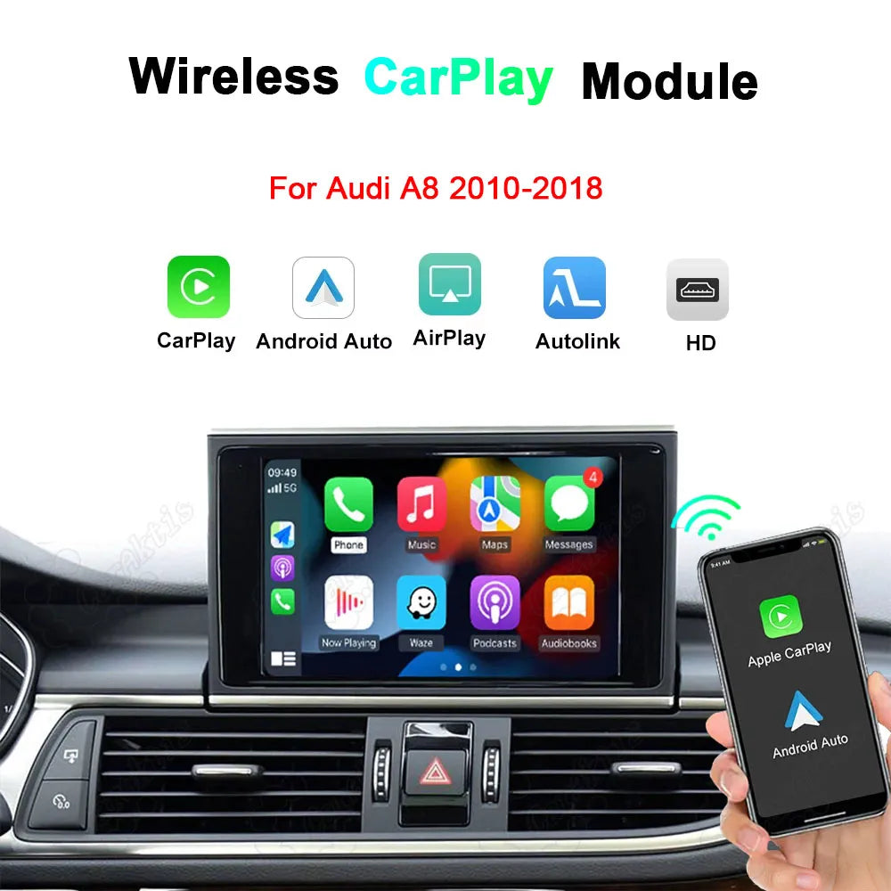 Wireless CarPlay and Android Auto integration module screen interface for Audi A8 2010-2018 showing active Apple CarPlay display dashboard.