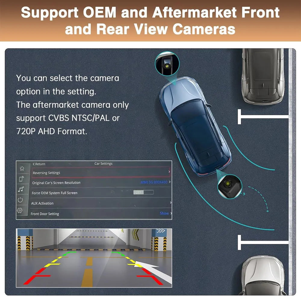 Support for OEM factory and aftermarket AHD front and rear view cameras with parking guidelines for Audi A4 A5 Q5

6_2.jpg
