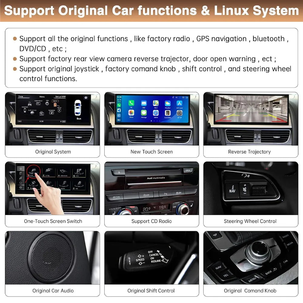 Support for Audi original MMI system features including steering wheel control, factory radio, CD player, and iDrive comand knob