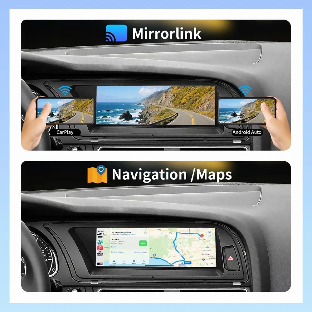 Audi dashboard touch screen showing Mirrorlink smartphone screen mirroring and real-time GPS navigation maps