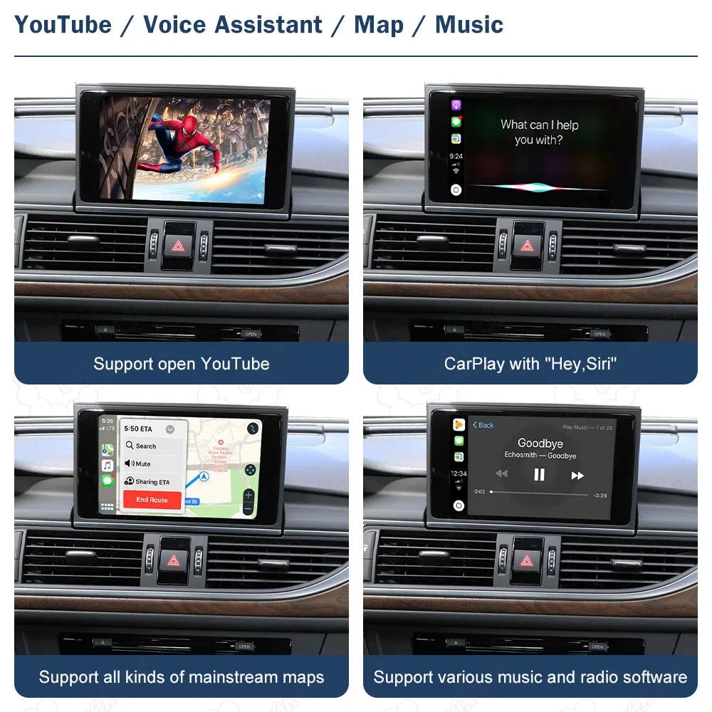 Audi aftermarket CarPlay features supporting YouTube, Siri voice assistant, GPS maps, and music apps