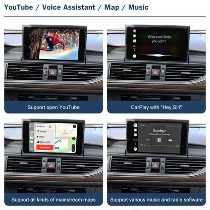 Audi aftermarket CarPlay features supporting YouTube, Siri voice assistant, GPS maps, and music apps
