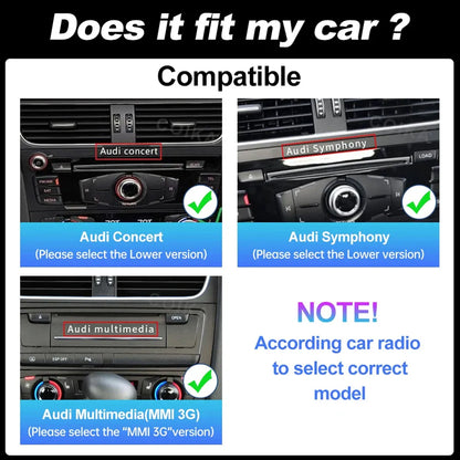 Compatibility checklist for Audi Concert, Audi Symphony, and Audi Multimedia MMI 3G car radio systems