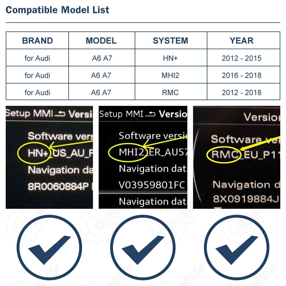 Compatibility list and MMI version identification for Audi HN+, MHI2, and RMC systems 2012-2018