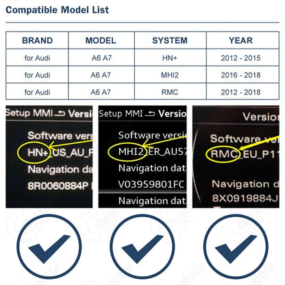 Compatibility list and MMI version identification for Audi HN+, MHI2, and RMC systems 2012-2018