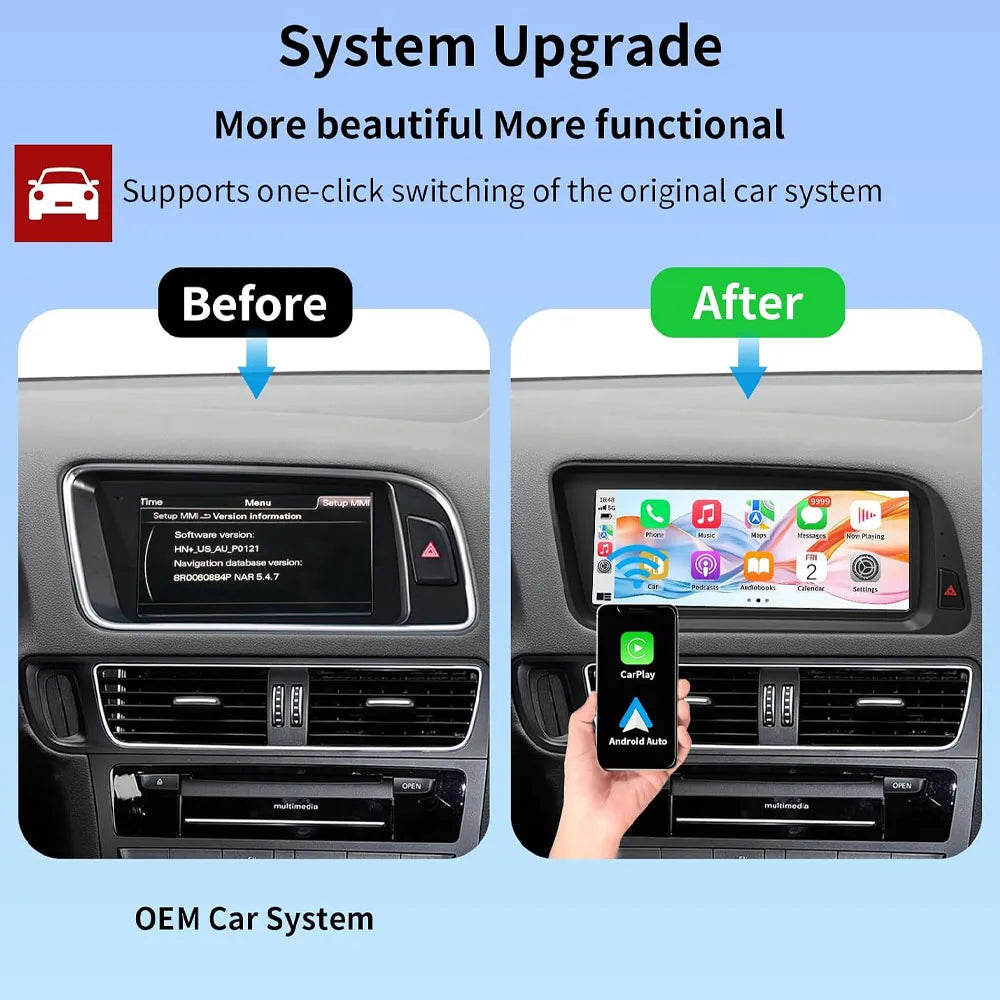 Before and after system upgrade comparison showing original OEM Audi MMI screen transformed to modern touch display with CarPlay