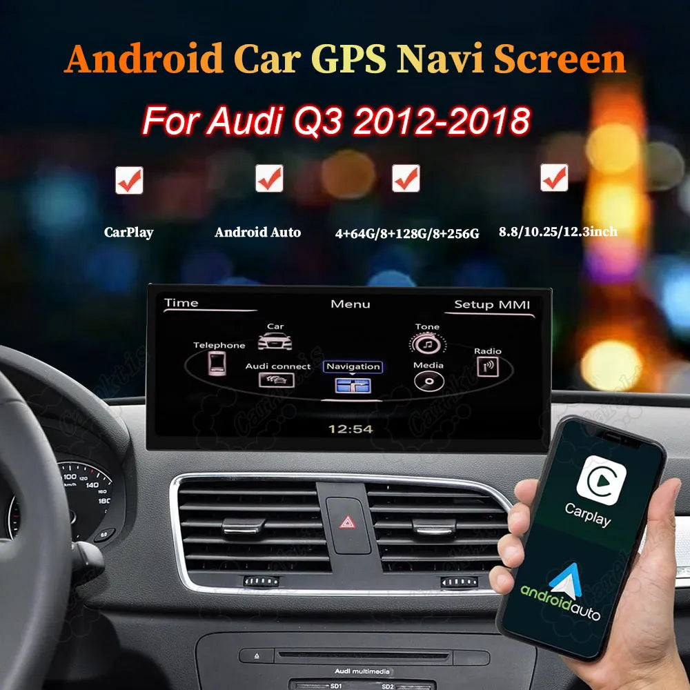 Android Car GPS Navi Screen for Audi Q3 2012-2018 showing main menu and CarPlay interface with smartphone.