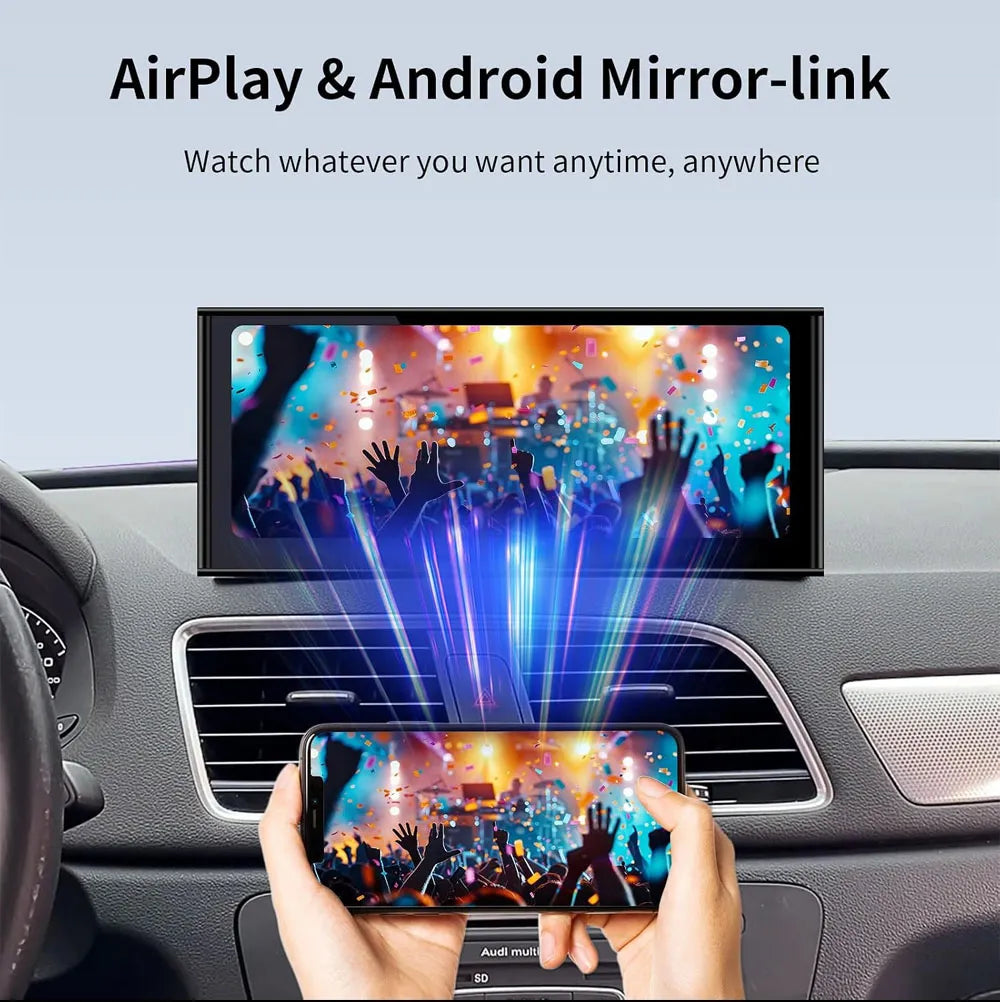 Smartphone screen mirroring via AirPlay and Android Mirror-link displaying video on Audi Q3 dashboard screen.