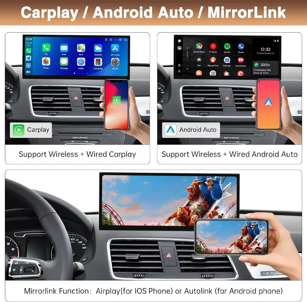 Wireless and wired CarPlay, Android Auto, and MirrorLink support on Audi Q3 multimedia screen display.