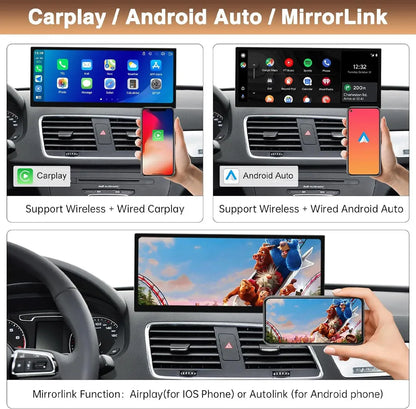 Wireless and wired CarPlay, Android Auto, and MirrorLink support on Audi Q3 multimedia screen display.