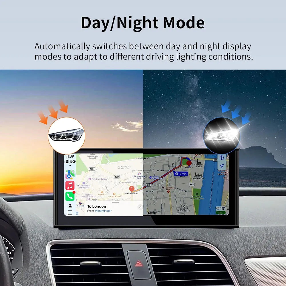 Automatic day and night mode switching on Audi Q3 screen to adapt to changing light conditions while driving.