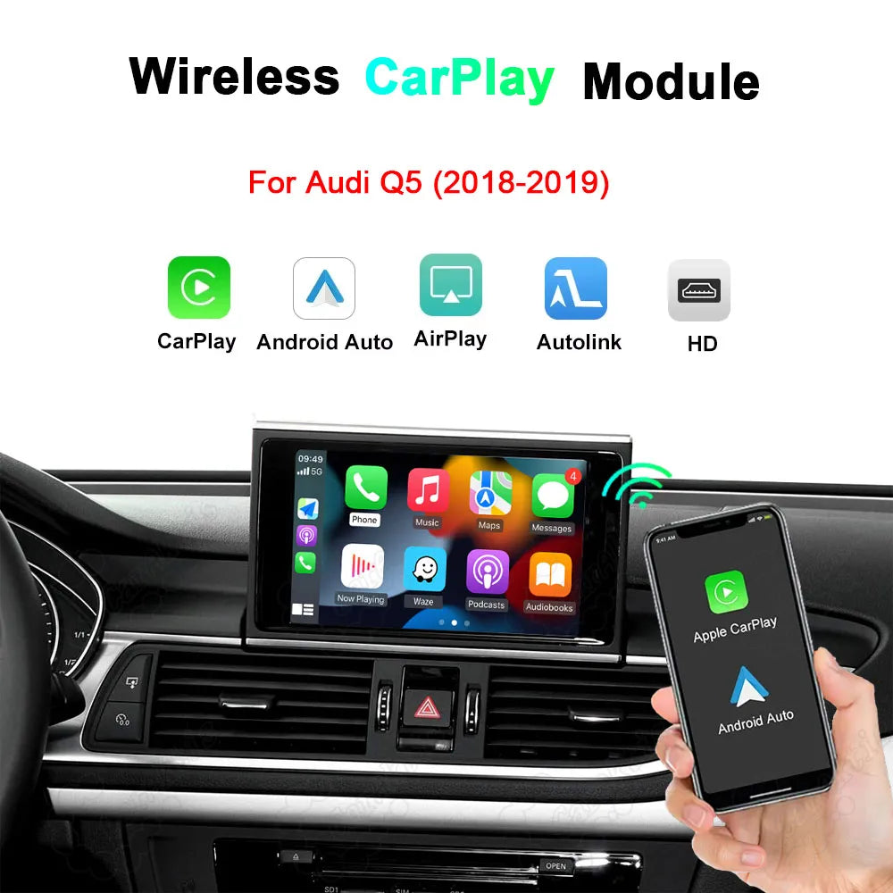Wireless Apple CarPlay and Android Auto retrofit module interface for Audi Q5 2018-2019, supporting AirPlay, Autolink, and HD display.