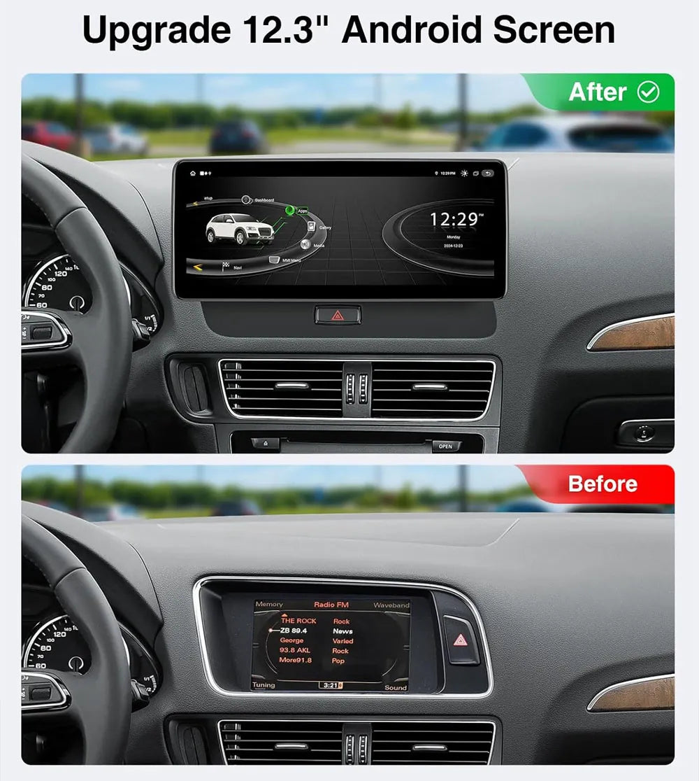 Before and after installation comparison of 12.3-inch Android head unit display upgrade in Audi Q5 A4 dashboard