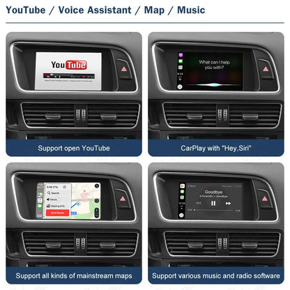 Audi Q5 CarPlay interface supporting YouTube, Google Maps, Waze, and Spotify apps