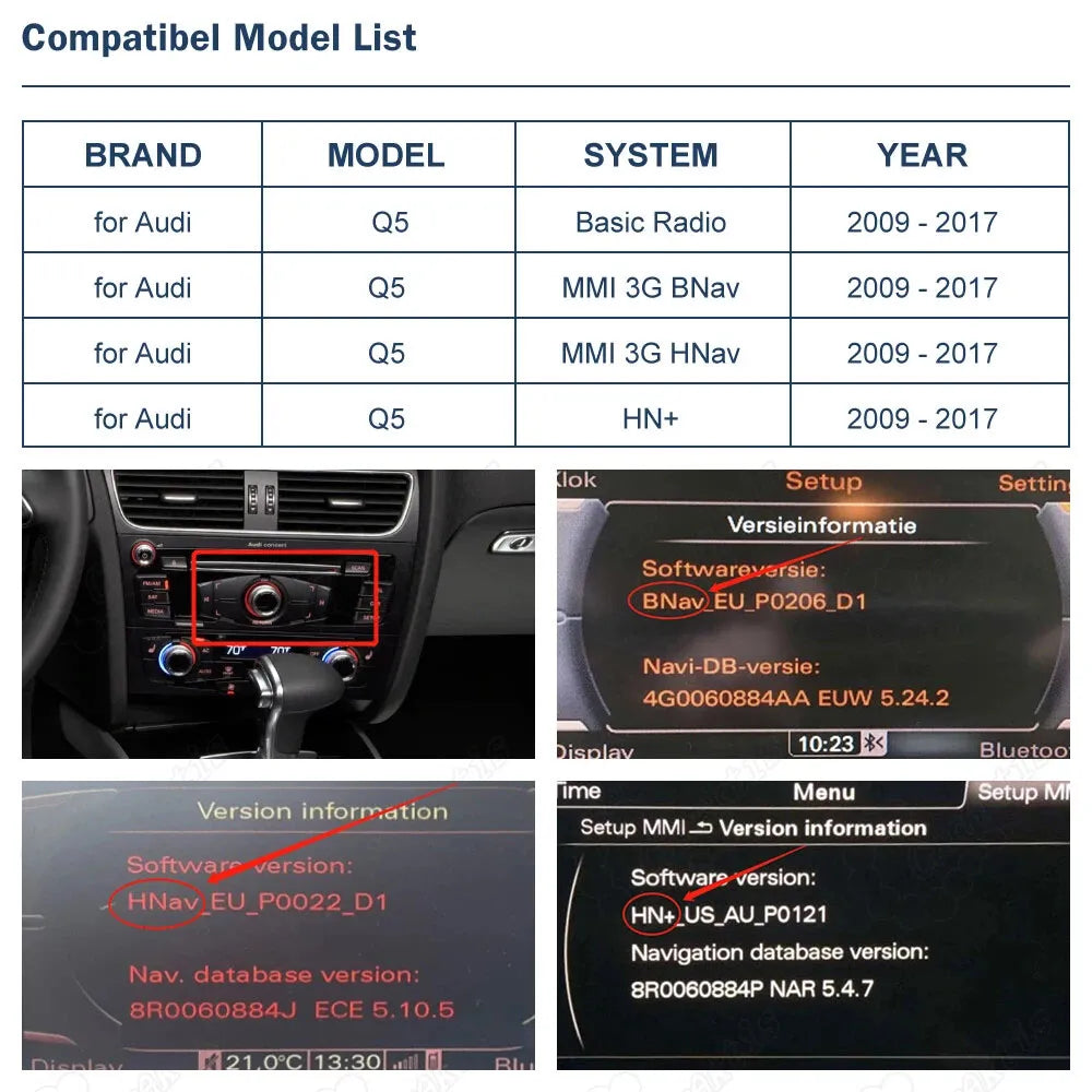Compatibility list for Audi Q5 MMI 3G Basic, BNav, HNav, and HN+ systems 2009-2017